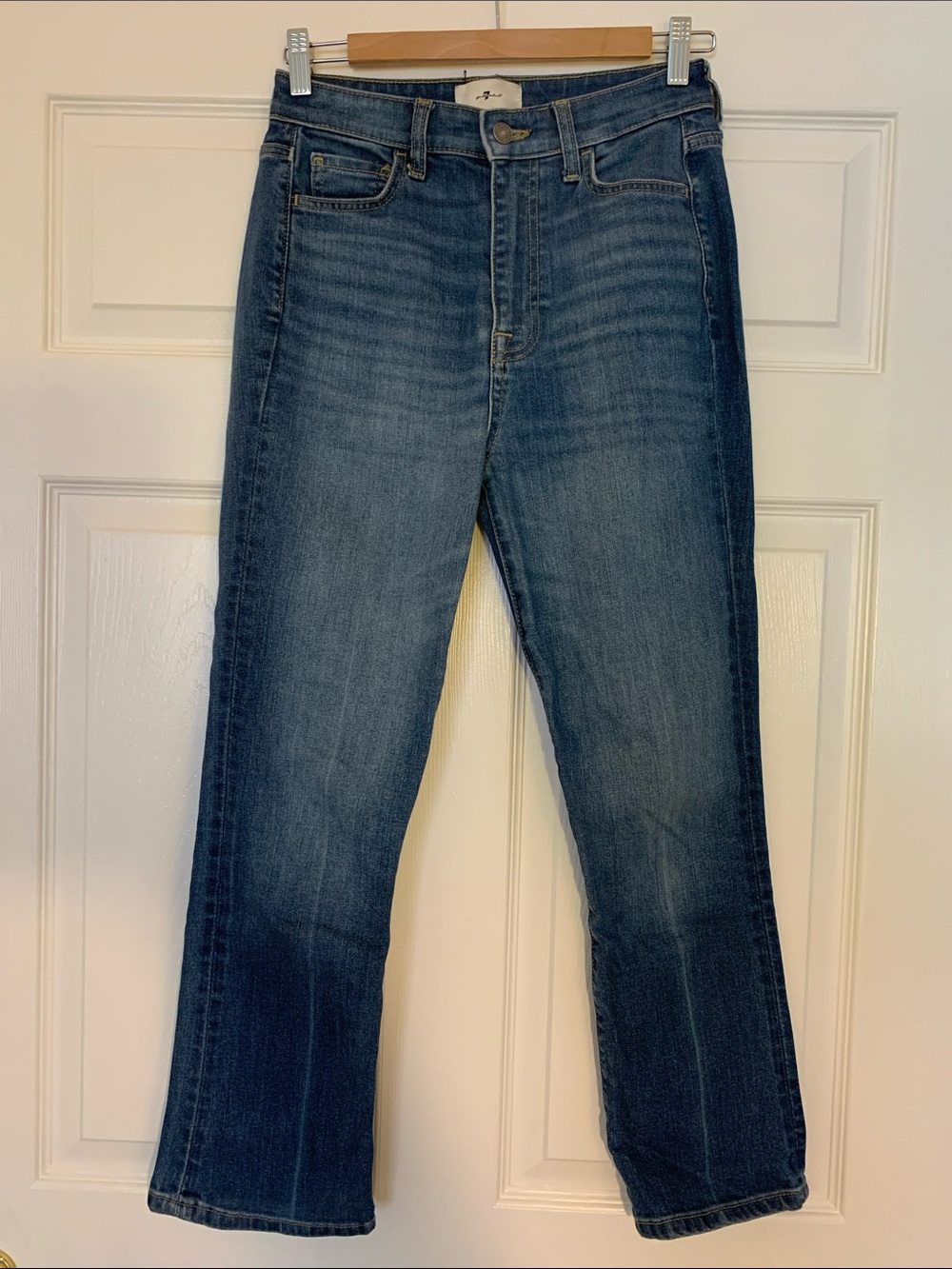7 For All Mankind High-Rise Straight Jeans in Medium Dark Blue